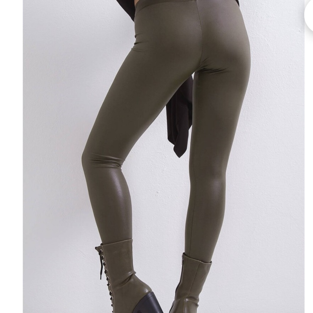 Olive Faux Leather high waist leggings - Picture 3 of 6